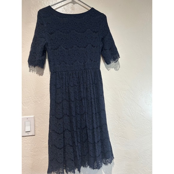 Mikarose Navy Blue Lace Modest Fit & Flare Dress Short Sleeve Small S Wedding - Picture 2 of 7